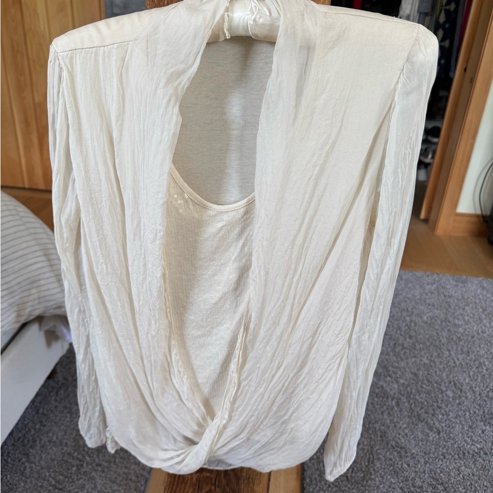 Cream Asymmetrical Long Sleeve Blouse with Tie Front